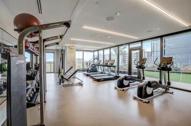 exercise room featuring expansive windows