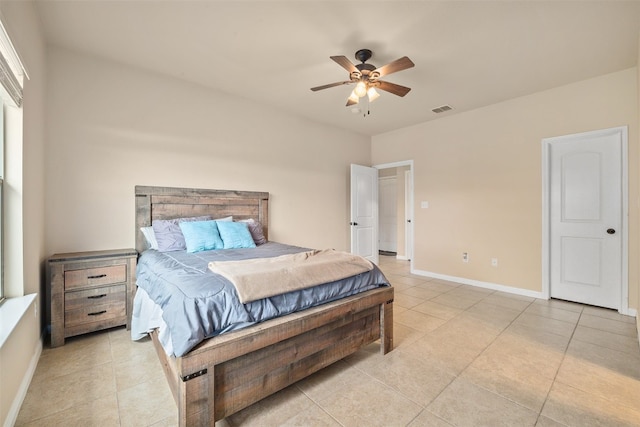 bedroom featuring ceiling fan and light tile patterned floors