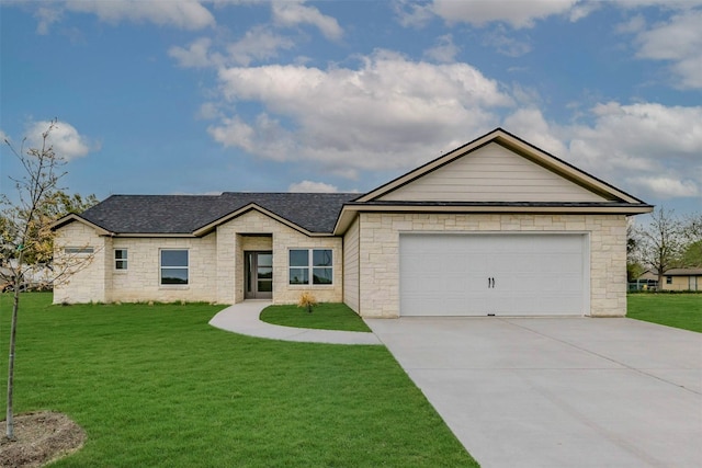 single story home featuring a front lawn and a garage