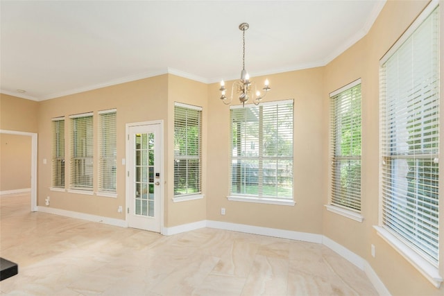 unfurnished dining area with a notable chandelier and ornamental molding