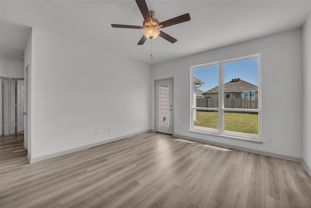 empty room featuring light wood-type flooring and ceiling fan