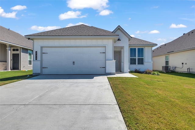 ranch-style home featuring central air condition unit, a front lawn, and a garage