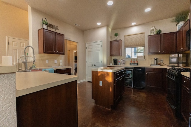 kitchen with black range, sink, beverage cooler, a kitchen island, and dark brown cabinetry