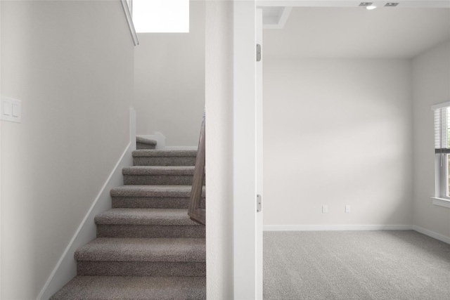 stairway with baseboards and carpet