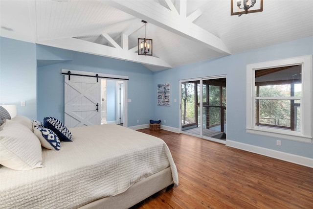 bedroom with vaulted ceiling with beams, dark wood-type flooring, access to exterior, a barn door, and a chandelier