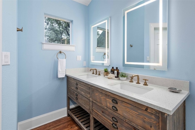 bathroom with dual bowl vanity and hardwood / wood-style flooring