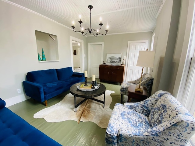 carpeted living room featuring crown molding and a notable chandelier