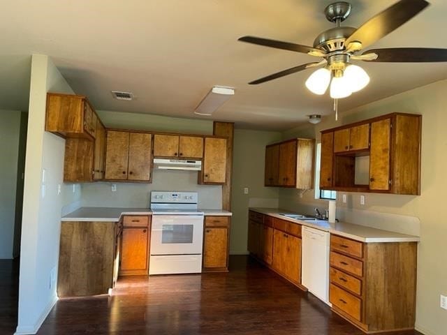 kitchen with ceiling fan, sink, white appliances, and dark wood-type flooring