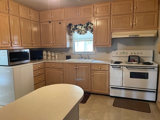 kitchen with custom exhaust hood, sink, light tile floors, and white electric range