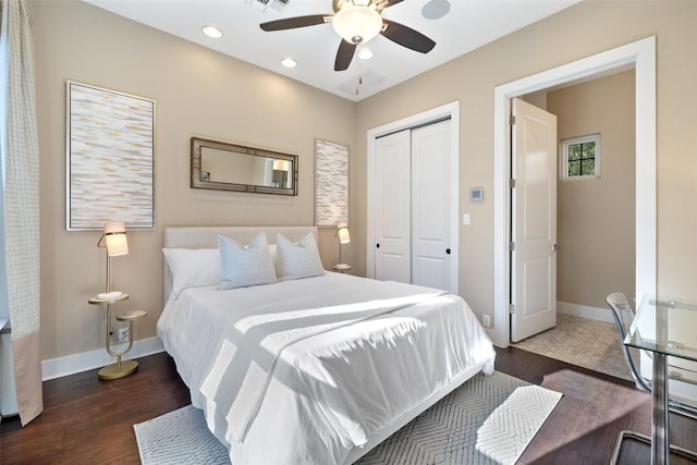 bedroom featuring recessed lighting, visible vents, baseboards, a closet, and dark wood finished floors