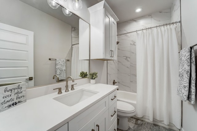 full bathroom with shower / bath combination with curtain, toilet, and vanity