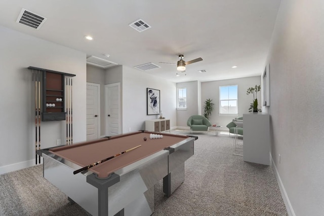 playroom with carpet flooring, ceiling fan, and billiards