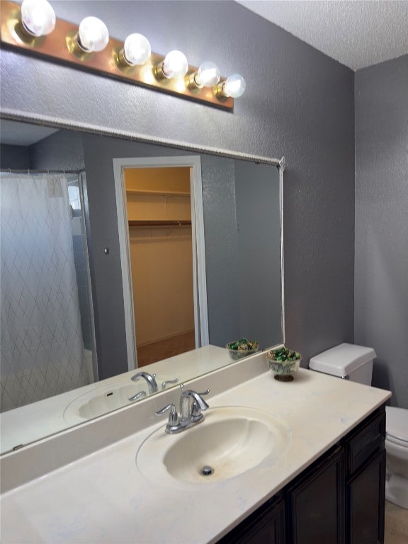 bathroom with vanity with extensive cabinet space, a textured ceiling, and toilet