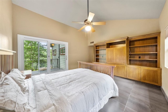 tiled bedroom with access to exterior, ceiling fan, visible vents, and high vaulted ceiling