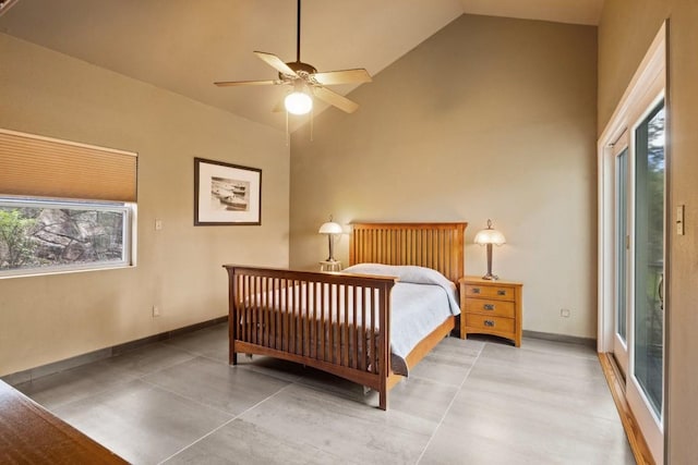 bedroom with ceiling fan, access to exterior, and high vaulted ceiling