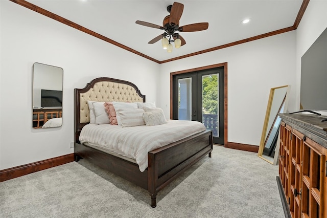 bedroom with ceiling fan, light colored carpet, crown molding, and access to outside