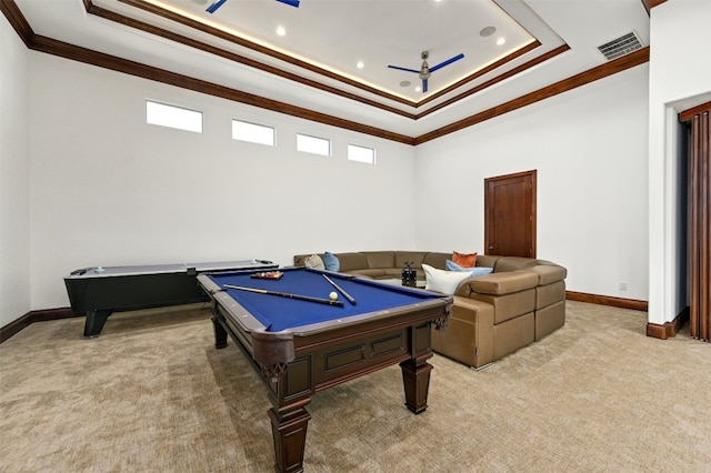 rec room featuring ornamental molding, light colored carpet, a tray ceiling, and pool table