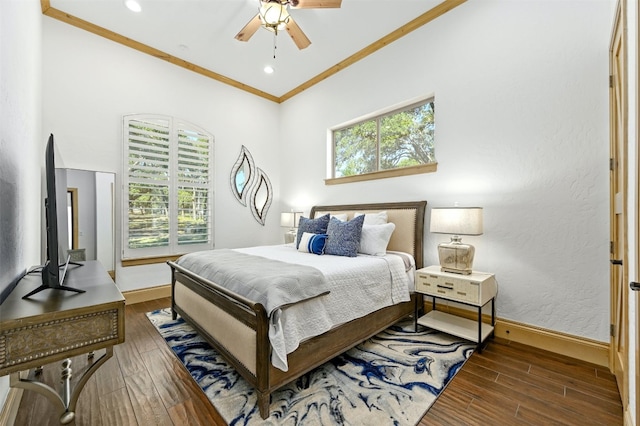 bedroom with dark hardwood / wood-style flooring, multiple windows, and ceiling fan