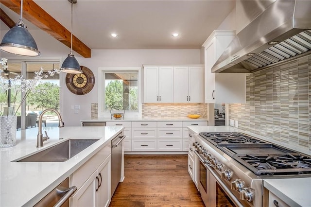 kitchen featuring wood finished floors, stainless steel appliances, a sink, decorative light fixtures, and wall chimney exhaust hood