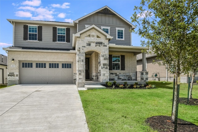 craftsman inspired home with a garage, a porch, and a front lawn