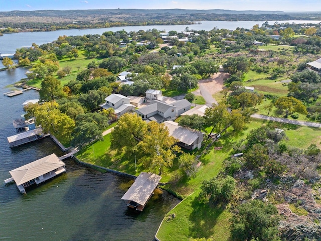 drone / aerial view featuring a water view