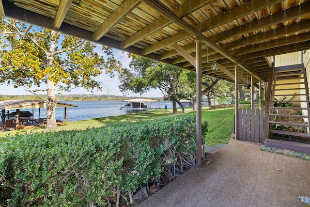 view of patio / terrace featuring a water view