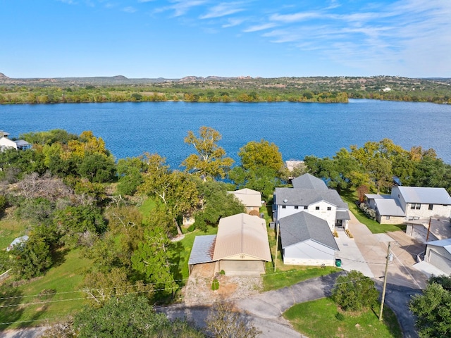 drone / aerial view featuring a water view