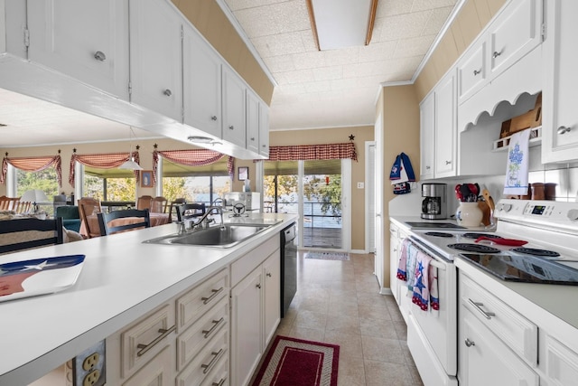 kitchen with black dishwasher, electric range, sink, white cabinets, and ornamental molding