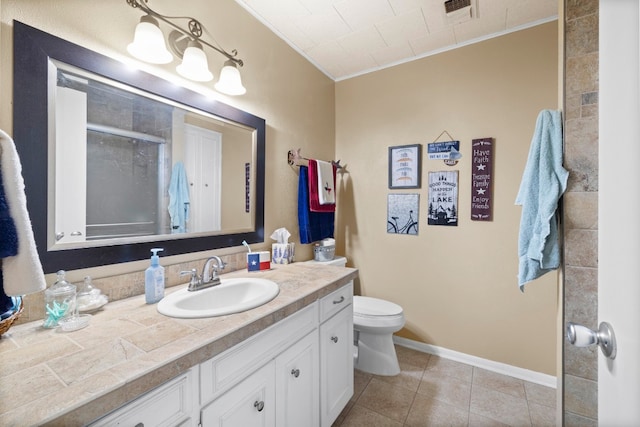 bathroom with vanity, walk in shower, crown molding, toilet, and tile patterned floors