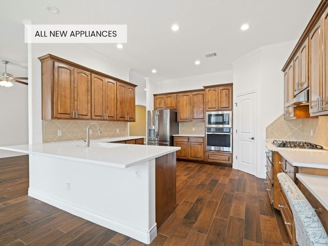 kitchen featuring tasteful backsplash, appliances with stainless steel finishes, sink, and ceiling fan