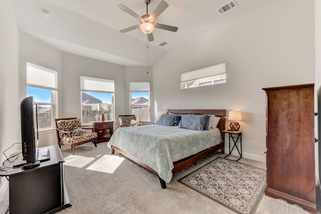 bedroom featuring carpet, visible vents, vaulted ceiling, and baseboards