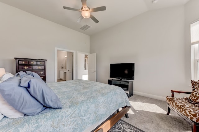 bedroom with visible vents, light carpet, vaulted ceiling, ceiling fan, and baseboards