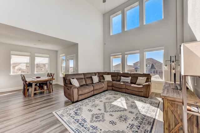 living room with hardwood / wood-style floors and a towering ceiling