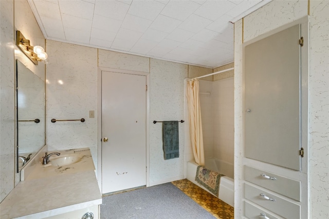 bathroom featuring vanity and shower / bath combo with shower curtain