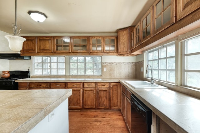 kitchen with light hardwood / wood-style floors, pendant lighting, black appliances, range hood, and sink