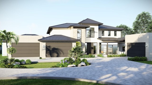 exterior space featuring an attached garage, a standing seam roof, stucco siding, and metal roof