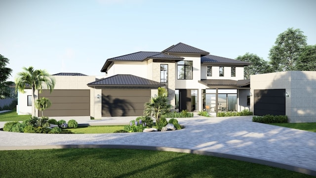 exterior space with stucco siding, an attached garage, a standing seam roof, and metal roof