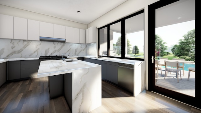 kitchen featuring under cabinet range hood, wood finished floors, modern cabinets, gray cabinetry, and black dishwasher