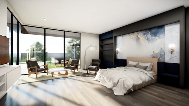 bedroom with a wall of windows, wood finished floors, and access to outside