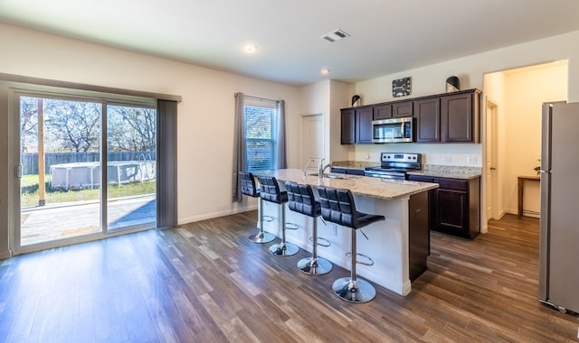 kitchen with dark brown cabinetry, stainless steel appliances, sink, dark hardwood / wood-style floors, and an island with sink