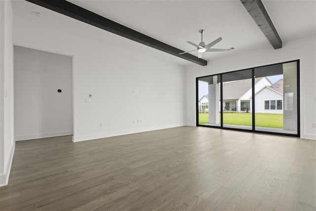 unfurnished room featuring hardwood / wood-style floors, ceiling fan, and beam ceiling