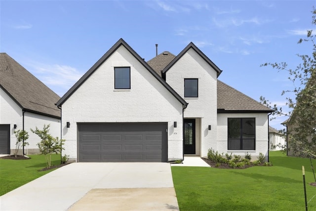 view of front of property featuring a front lawn and a garage