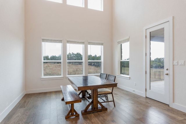 dining room featuring a towering ceiling, baseboards, and wood finished floors