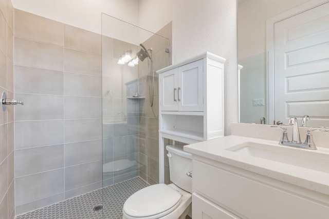 full bathroom featuring vanity, toilet, and a walk in shower