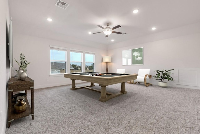 playroom featuring visible vents, ceiling fan, pool table, carpet floors, and recessed lighting