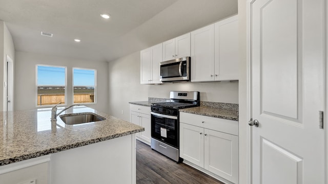 kitchen featuring white cabinetry, stainless steel appliances, light stone countertops, sink, and dark hardwood / wood-style floors