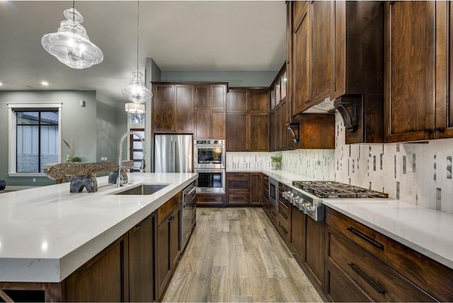 kitchen with appliances with stainless steel finishes, dark brown cabinets, sink, pendant lighting, and light hardwood / wood-style flooring