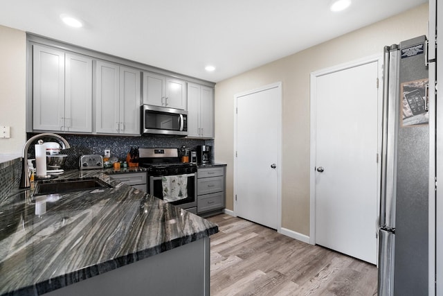 kitchen featuring sink, stainless steel appliances, dark stone countertops, and gray cabinetry