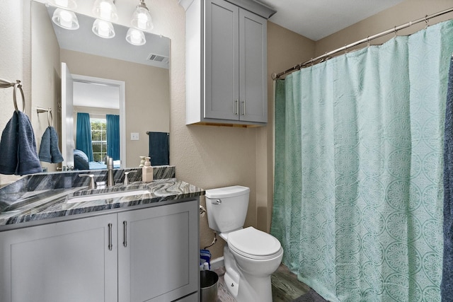 bathroom featuring toilet, vanity, and wood-type flooring