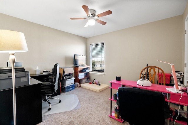 office featuring carpet flooring and ceiling fan